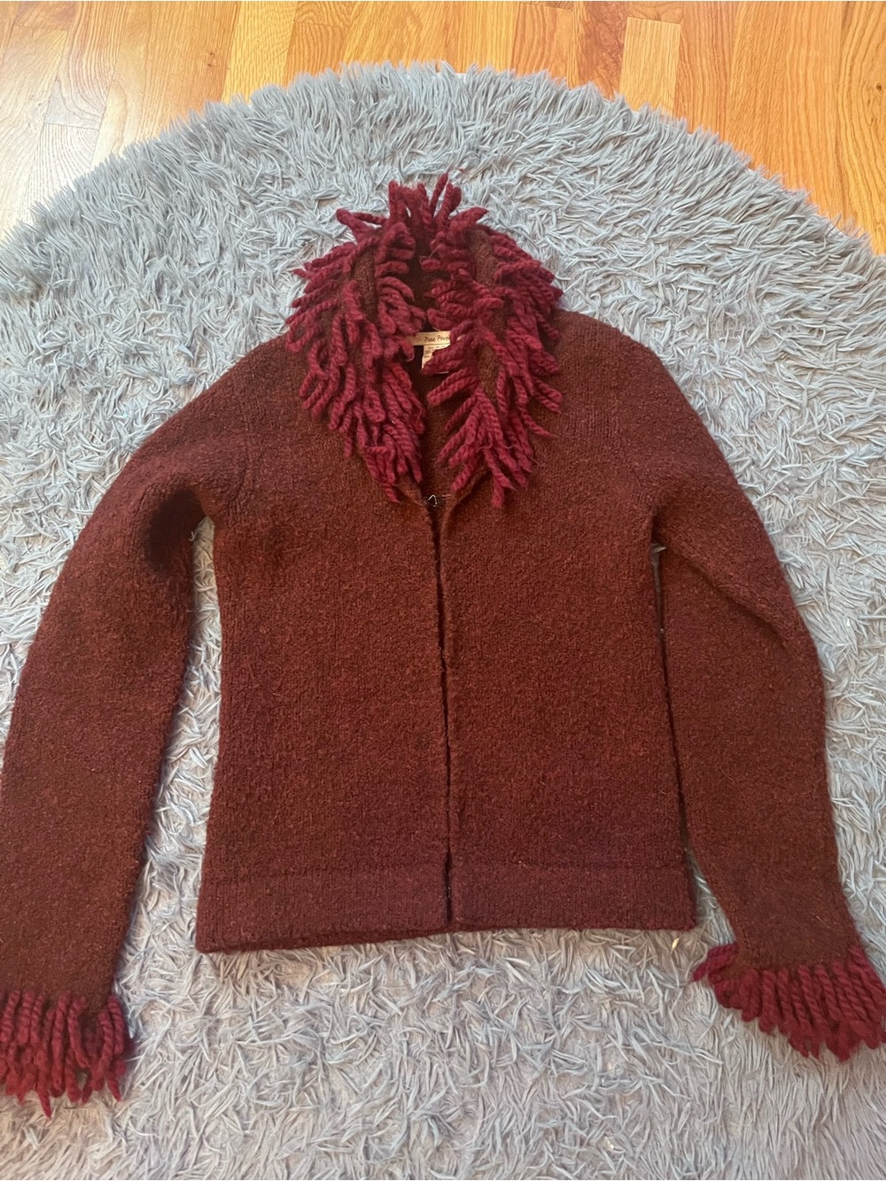 Free People Vintage Women's Burgundy Brown Fringe Collar Cardigan Sweater Size M